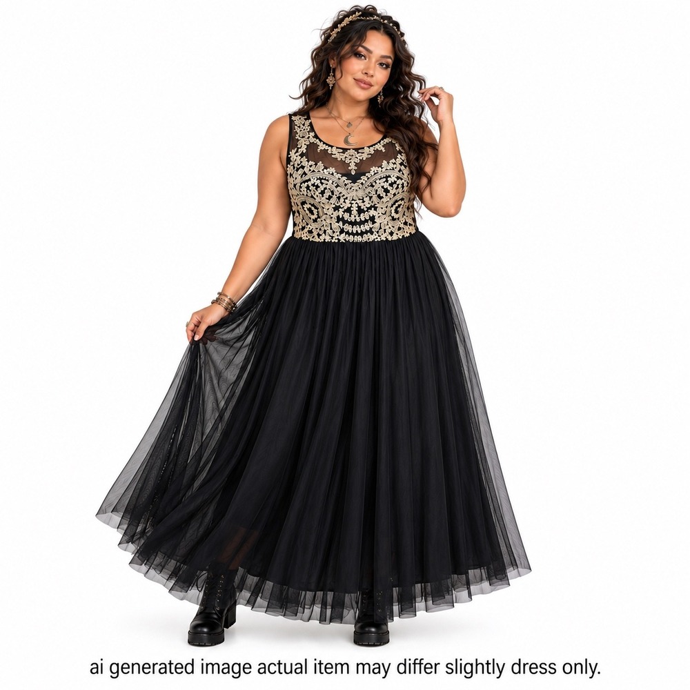 Candalite Women 3X Black Gold Tulle Maxi Dress Whimsigoth Romantic Goth Formal